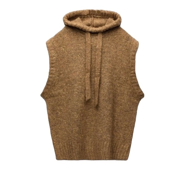 ZARA Oversized Sleeveless Hooded Chunky Knit Sweater Brown Tan M - Picture 8 of 10